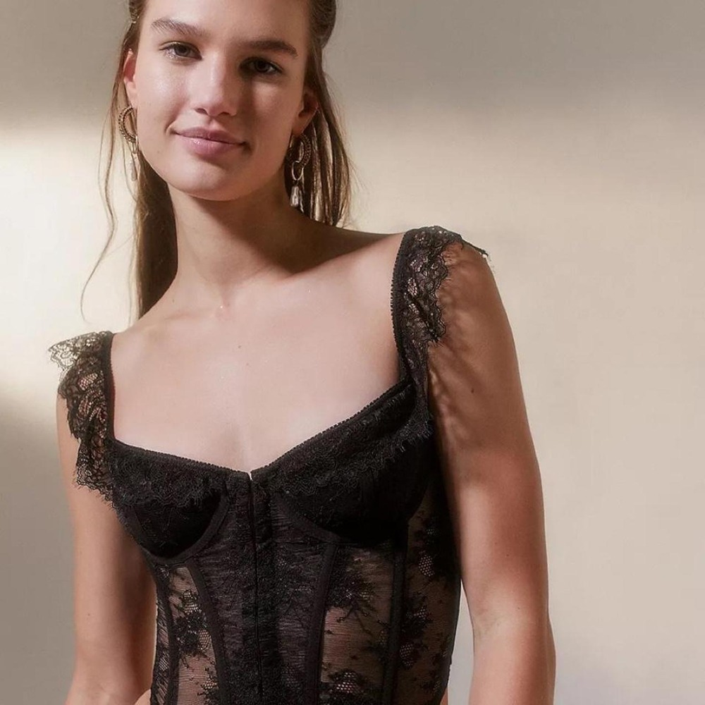 Urban Outfitters Out From Under Black Floral Lace Corset Top Lace Up Back
